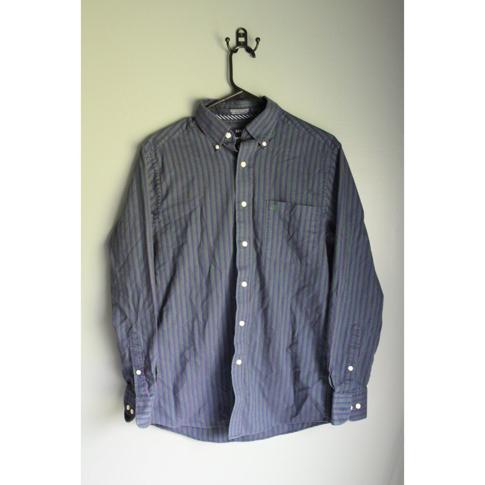 IZOD Men's Medium Blue Vertical Stripe Button-Up Shirt Long Sleeve Chest Pocket